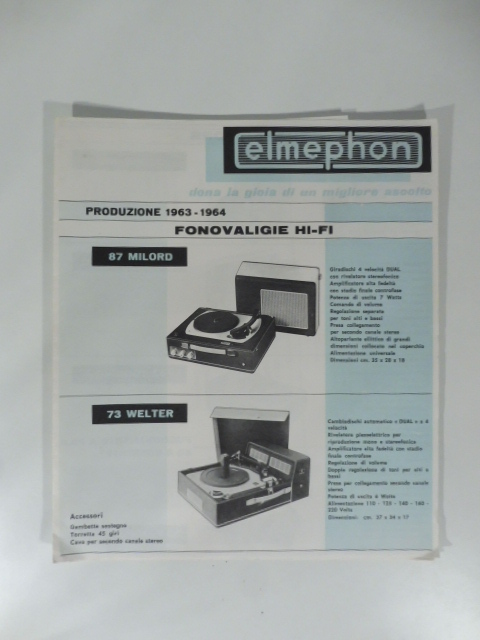 Elmephon. Produzione fonovaligie hi-fi. Pieghevole pubblicitario